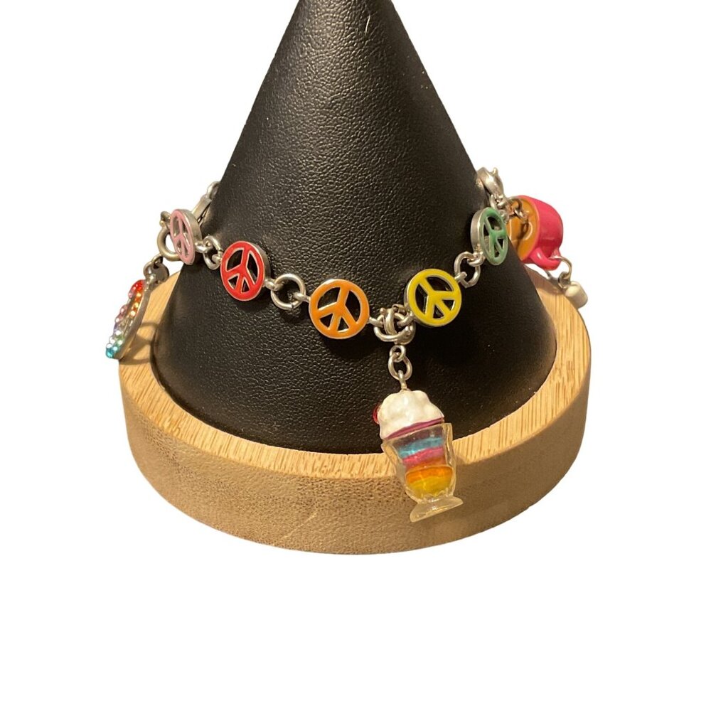 Vintage Charm Bracelet With Peace Signs & Colorful Charms